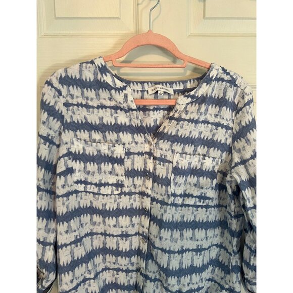 Emily Daniels Blue White Blouse Tunic Top Linen Blend Large Coastal Summer Prep - Picture 2 of 9